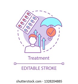 Treatment concept icon. Medication therapy idea thin line illustration. Immune system fights disease.  Immunity strengthening. Illness prevention. Vector isolated outline drawing. Editable stroke