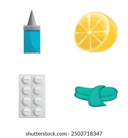 Treatment concept icons set cartoon vector. Medicinal preparation and lemon half. Cold season, treatment