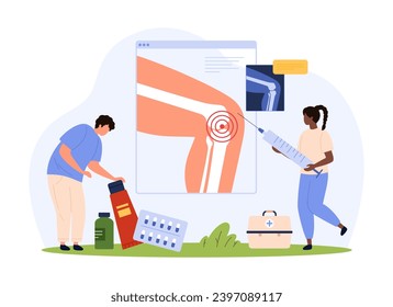 Treatment and diagnosis of cartilage inflammation in joint vector illustration. Cartoon tiny people with syringe treat osteoarthritis, rheumatoid arthritis or accident, knee before and after injection