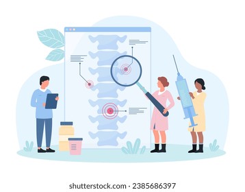 Treatment and diagnosis of orthopedic spine problems, osteoarthritis vector illustration. Cartoon tiny people orthopedists with magnifying glass study spinal vertebrae on anatomical spine diagram