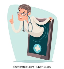 Treatment doctor quality cartoon smartphone mobile phone character design vector illustration