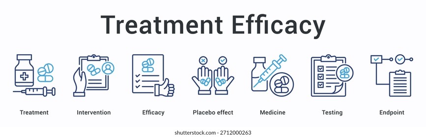 Treatment efficacy banner web icon evaluates intervention effectiveness against placebo effect through medicine testing to endpoint.