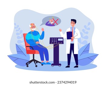 Treatment of elderly chronic pain patient vector illustration. Drawing of doctor using electrodes and machine equipment, old man recovering from chronic headache. Medicine, health, wellness concept