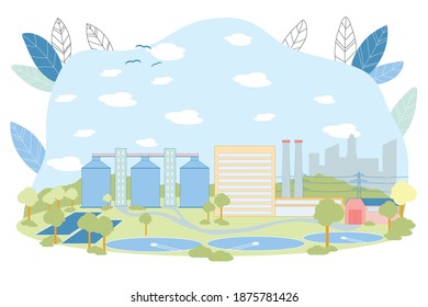 Treatment Facilities Vector Illustration. Waste Water Cleaning Facility With Round Reservoir Pool. Sewage Treatment Cleaning Construction. Sedimentation Primary Process. Wastewater Recycle