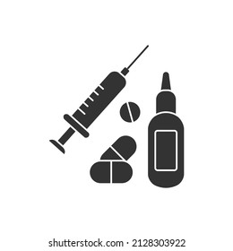  Treatment glyph icon. Injections, pills and drugs, nasal spray.Special treatment things. Medical service.Medical devices concept.Filled flat sign. Isolated silhouette vector illustration