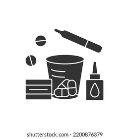  Treatment glyph icon. Nasal spray, daily pills, thermometer. Special treatment things. Medical service.Medical devices concept.Filled flat sign. Isolated silhouette vector illustration