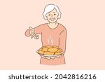 Treatment from grandmother and food concept. Smiling happy elderly woman Grandmother holding plate full of freshly baked pies cakes vector illustration 