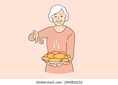 Treatment from grandmother and food concept. Smiling happy elderly woman Grandmother holding plate full of freshly baked pies cakes vector illustration 