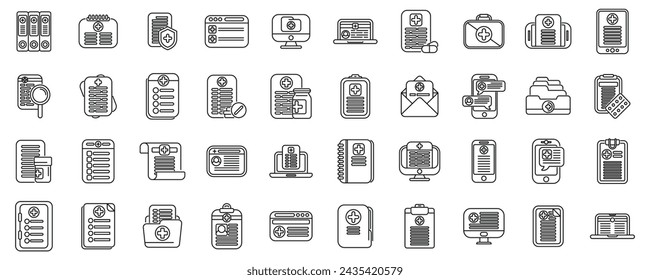 Los iconos de historial de tratamiento establecen el vector de contorno. Doctor en tecnología. Historial médico electrónico