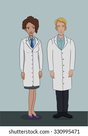 Treatment in the hospital - checkup at doctors - The team of doctors in white coats - a man and a woman in full growth
