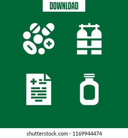 treatment icon. 4 treatment vector set. medical result, oxygen tank, pills and antibiotic icons for web and design about treatment theme
