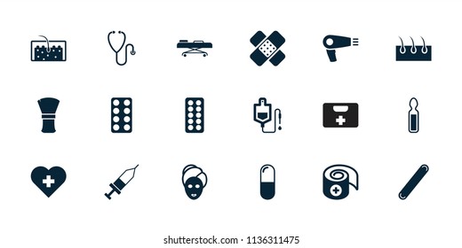 Treatment icon. collection of 18 treatment filled icons such as hair dryer, spa mask, drop counter, pill, hair, injection. editable treatment icons for web and mobile.