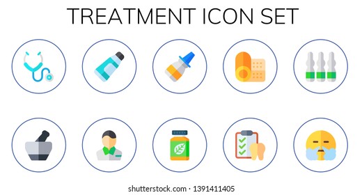 treatment icon set. 10 flat treatment icons.  Simple modern icons about  - stethoscope, mortar, toothpaste, pharmacist, nasal spray, herbal, band aid, dental, ampoule, relief
