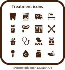 treatment icon set. 16 filled treatment icons.  Simple modern icons about  - Tooth, Medicine, Ambulance, Operating table, Effervescent, Eye mask, Gel, Cotton swab, Removed, Stethoscope