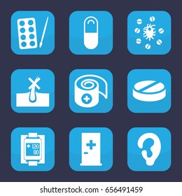Treatment icon. set of 9 filled treatment icons such as aid post, paints, ear, no hair in skin, pill, blood pressure measure, virus and pills