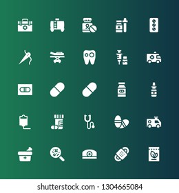 treatment icon set. Collection of 25 filled treatment icons included Medicine, Bandage, Pharmacist, Disease, Ambulance, Pills, Phonendoscope, Drugs, Iv, Nasal spray, Pill, Vaccine