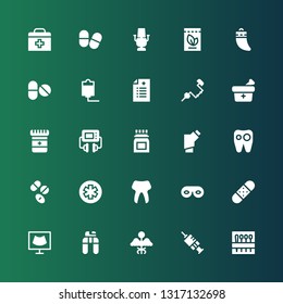 treatment icon set. Collection of 25 filled treatment icons included Needle, Vaccination, Medicine, Nail clippers, Ultrasound, Bandage, Eye mask, Tooth, Pharmacy, Drugs, Inhalator