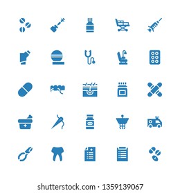 treatment icon set. Collection of 25 filled treatment icons included Drugs, Diagnosis, Prescription, Tooth, Nail clippers, Ambulance, Caduceus, Medicine, Needle, Medical, Skin