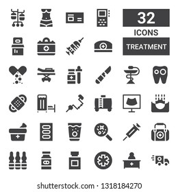 treatment icon set. Collection of 32 filled treatment icons included Ambulance, Pharmacist, Pharmacy, Medicine, Ampoule, First aid, Vaccine, Disease, Submerge, Ultrasound, Water tank