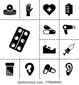 Treatment icons. set of 13 editable filled treatment icons such as hair dryer, ear, spa stone, heart with cross, bottle pills, pill, drop counter, medical pills, injection