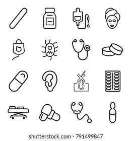 Treatment icons. set of 16 editable outline treatment icons such as ear, spa mask, tablet, stethoscope, drop counter, pill, medical ampoule, medicine, bandage