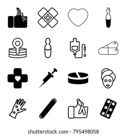 Treatment icons. set of 16 editable filled and outline treatment icons such as medical pills, medical ampoule, injured finger, bandage, spa mask, drop counter