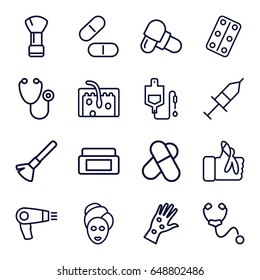 Treatment icons set. set of 16 treatment outline icons such as hair dryer, cream box, shaving brush, spa mask, stethoscope, drop counter, pill, medical pills, hair