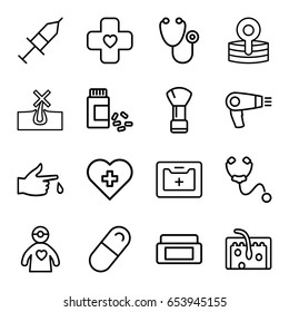Treatment icons set. set of 16 treatment outline icons such as hair dryer, cream box, shaving brush, no hair in skin, stethoscope, medicine, medical kit, hair, injured finger