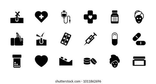 Treatment icons. set of 18 editable filled treatment icons: no hair in skin, spa stone, spa mask, heart with cross, bottle pills, syringe, pill, medical pills, injured finger