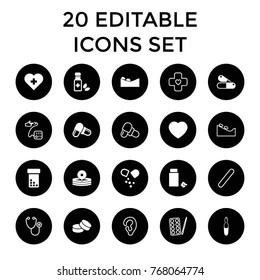 Treatment icons. set of 20 editable filled and outline treatment icons such as tablet, heart with cross, bottle pills, pill, medicine, medical ampoule, medicine bottle