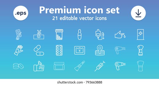 Treatment icons. set of 21 editable outline treatment icons includes aid post, hair dryer, shaving brush, no hair in skin, bottle pills, syringe, drop counter, pill