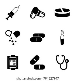Treatment icons. set of 9 editable filled treatment icons such as stethoscope, pill, medical ampoule, blood pressure measure