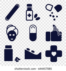 Treatment icons set. set of 9 treatment filled icons such as spa stone, spa mask, medicine, medicine bottle, pill, injured finger