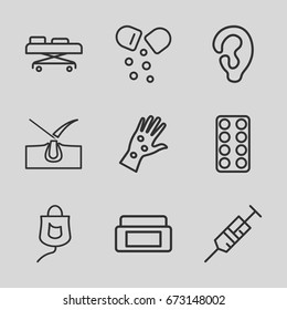 Treatment icons set. set of 9 treatment outline icons such as ear, cream box, shave hair in skin, syringe, pill, drop counter, hospital stretch