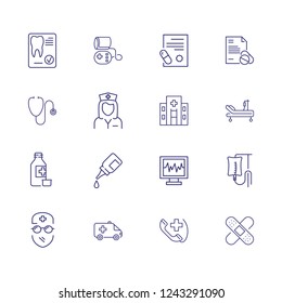 Treatment icons. Set of line icons. Surgeon, hospital, icu room, medication. Medical service concept. Vector illustration can be used for topics like healthcare, medicine, medical equipment