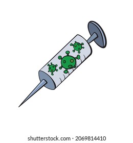 Treatment injection for coronavirus covid-19.Syringe with a needle containing virus cells.Covid-19 syringe sign.Vaccination shot, medicine and drug concept. Flu shot isolated on white background. Flat