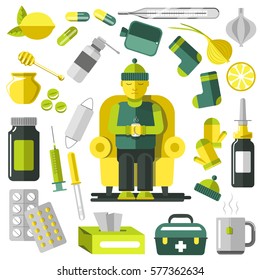 Treatment items set for ill person recovery. Medicines vector poster with lemon, jar of honey, warm clothes,cup of hot tea, onion and garlic, first aid kit etc. signs that help to cure cold and flu