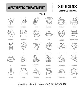 Treatment line editable icon set. Containing as skin care, spa, treatment, cosmetology, cosmetics, massage, and more. Vector illustration