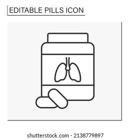  Treatment line icon. Drugs for treating pneumonia. Lungs disease. Vitamins and minerals. Pills concept. Isolated vector illustration. Editable stroke