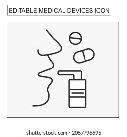 Treatment line icon. Inhaler to treat asthma. Medical drugs for breathing in. Relieving bronchial or nasal congestion. Medical devices concept. Isolated vector illustration. Editable stroke