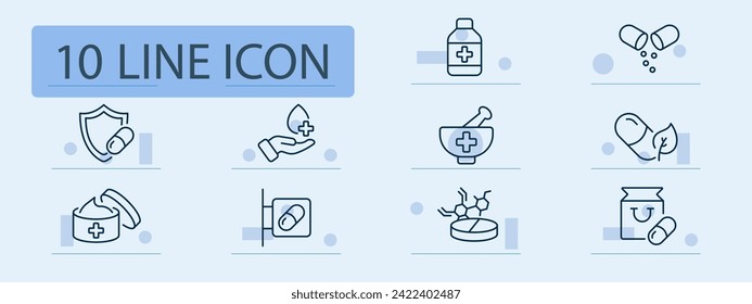 Treatment line icon. Medication, healthcare, pharmaceutical industry, pills, prescription drugs. Pastel color background. Vector line icon for business and advertising