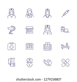 Treatment line icon set. Doctor, physician, surgeon, hospital. Medicine concept. Can be used for topics like medical help, diagnosis, screening