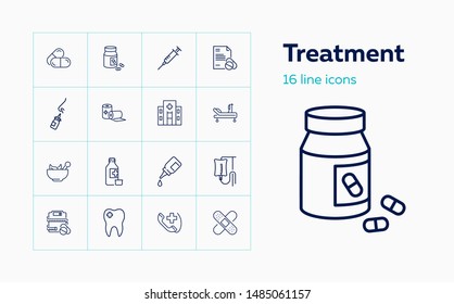 Treatment Line Icon Set. Drop, Hospital, Pills. Medicine Concept. Can Be Used For Topics Like Medication, Prescription, Disease, Cure