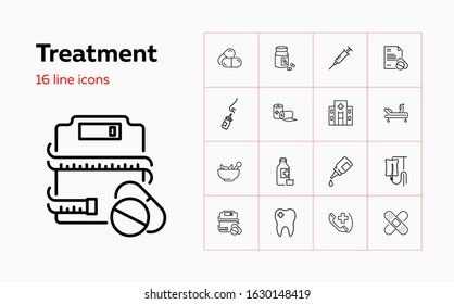 Treatment line icon set. Drop, hospital, pills. Medicine concept. Can be used for topics like medication, prescription, disease, cure