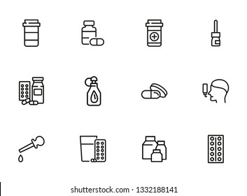 Treatment line icon set. Medical bottle, pills, drops, inhaler. Medicine concept. Can be used for topics like therapy, cure, illness, flu