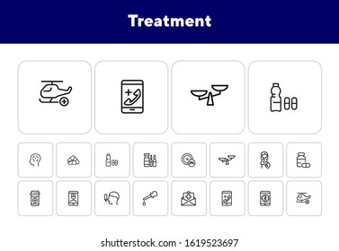 Treatment line icon set. Pills, online doctor, inhaler. Healthcare concept. Can be used for topics like medical consulting, service, urgent help
