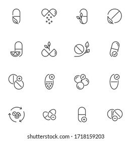 Treatment medication line icons set, outline vector symbol collection, linear style pictogram pack. Signs, logo illustration. Set includes icons as alternative medicine, medical pills, vitamin 