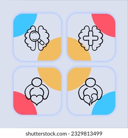 Treatment of mental problems line icon. Brain, heart, pills, therapy, hospital, session, psychiatrist. Neomorphism style. Vector line icon