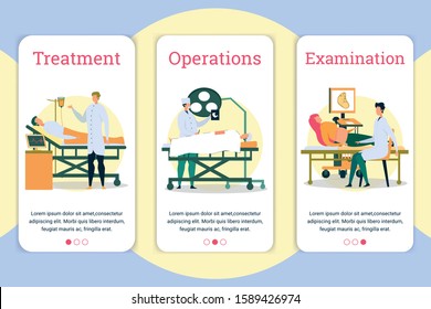 Treatment, Operations, Examinations Posters Set. Patient Lying in Bed with Dropper Flat Cartoon Vector Illustration. Operating Man Organs. Pregnant Woman Coming to Consultation. Ultrasound Diagnostic.