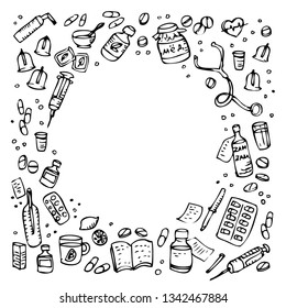 Treatment pattern. Medical background. Medicine doodle icons. Hand drawn Drugs. Health care illustration. 